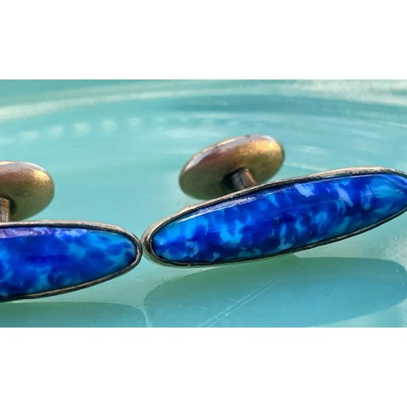 Antique Gold Filled Cufflinks Blue white Lapis style Glass - Picture 2 of 9